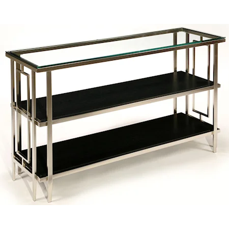 Rectangular Nickel Console Table with Geometric Shapes, Glass Top, and 2 Black Shelves